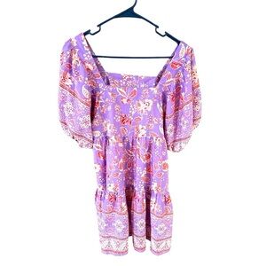 Band of the Free boho mini dress-purple with red details, puff sleeves size M